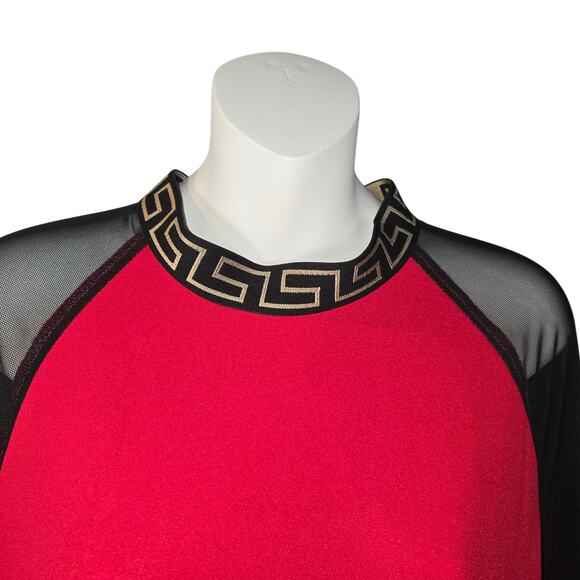 Ashley Stewart Womens 14/16 Red Midi Dress Black Mesh Sleeves Greek Key Trim NWT - Picture 3 of 12
